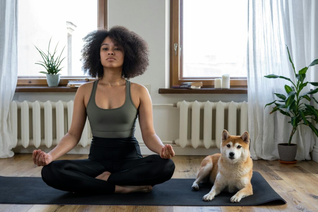 Image illustrant une séance de Doga, on peut voir un chien et sa maitresse méditer sur un tapis de sol.
