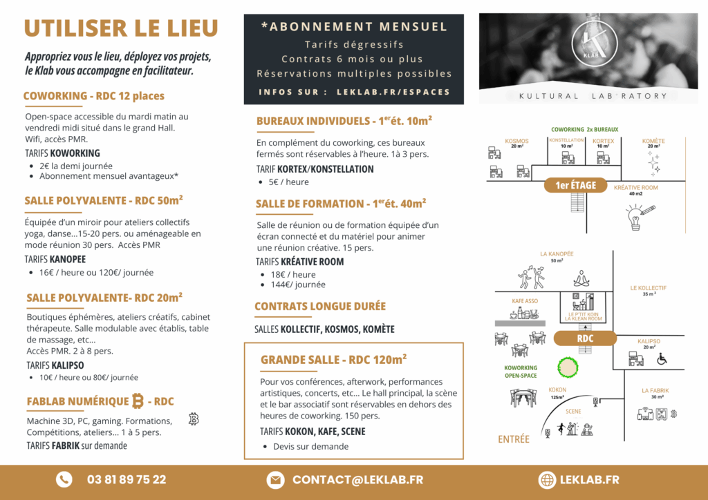 Liste des tarifs de location au KLAB